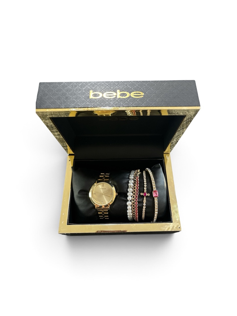 bebe Gold Watch and Pink Accent Bracelet Set